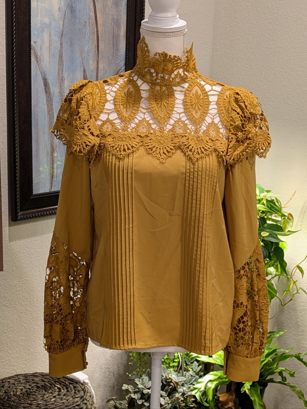 Women's Mustard Lace High-Neck Blouse